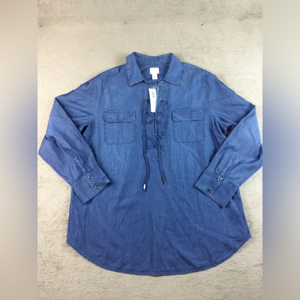 Chico’s blue soft denim long sleeve blouse Womens size 2 lace up front nwt